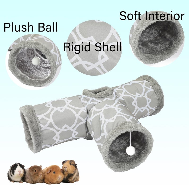 LUCKITTY Plush Inside 3-Way Shape Small Animals Tube Tunnel with Interactive Ball for Guinea Pig, Hamster, Chinchilla, Hedgehog Hiding and Resting, Geometric Grey - Image 4